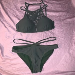 Strappy high neck army green bikini